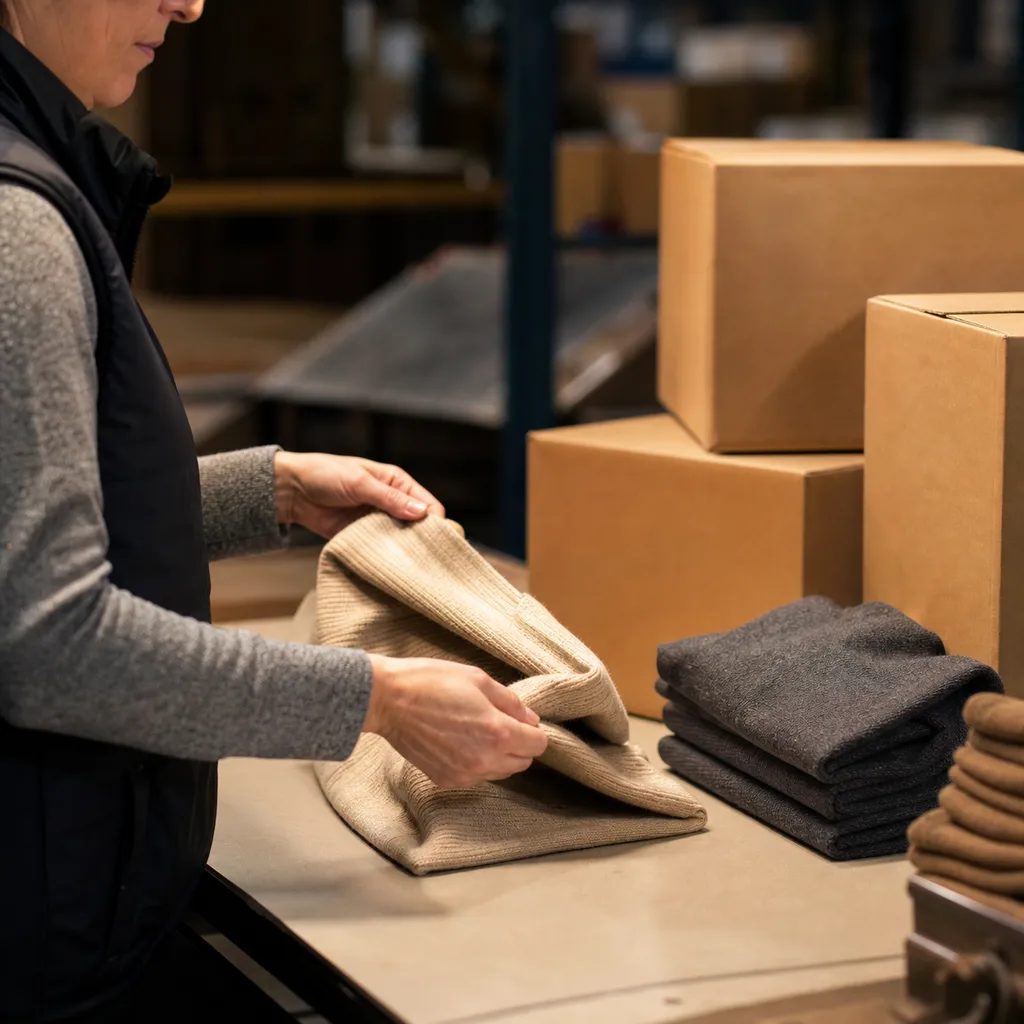 Worker's hands folding and stacking finished garments beside labeled cartons at a packing bench